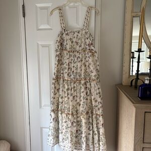 Max Studio Cream Floral Tiered Sundress with Pink and Green Accents